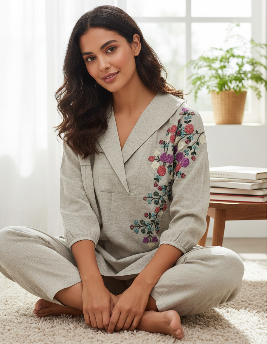 Meadow-Stitched Linen-Look Co-Ord Ensemble