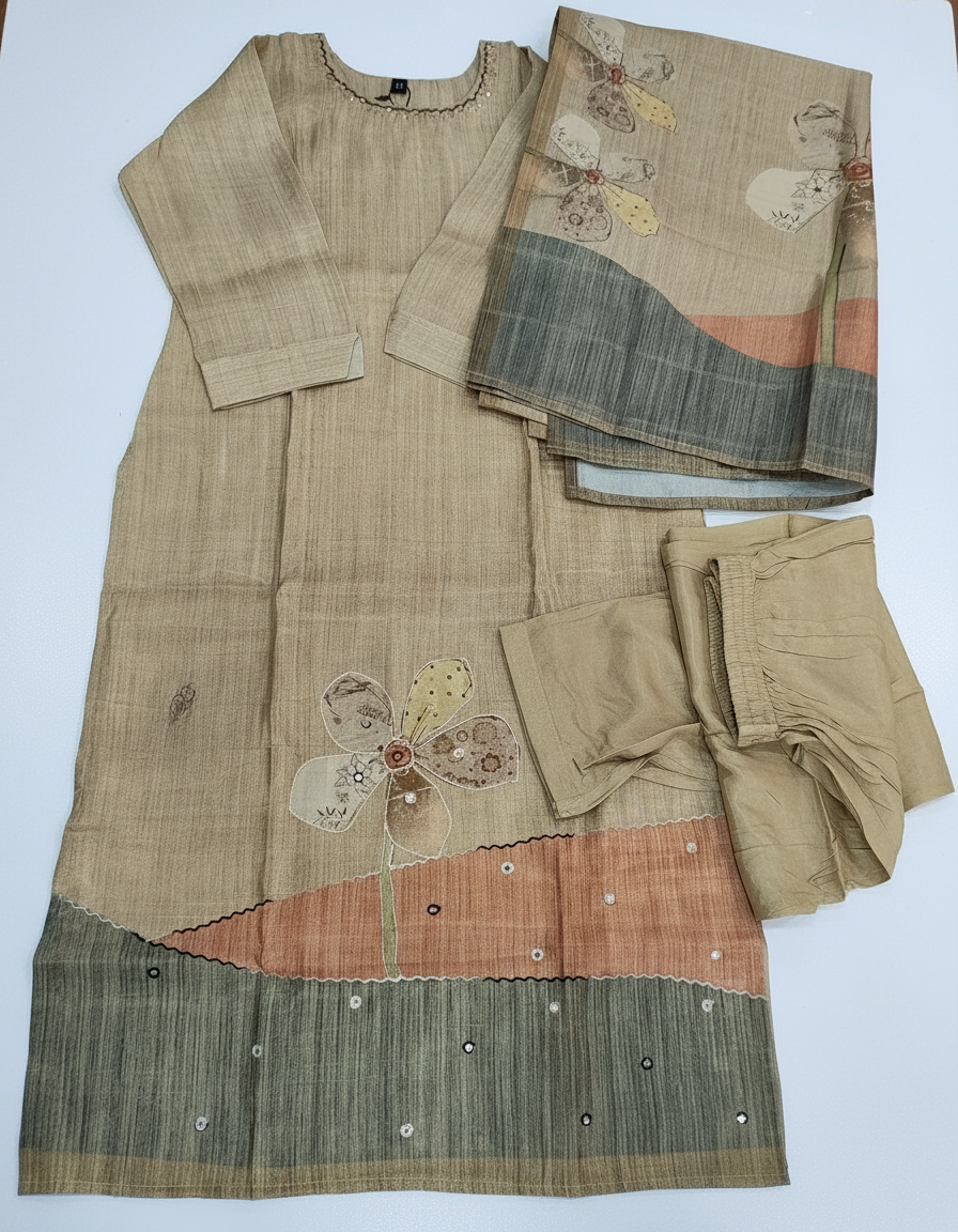 Hand-Embroidered Tussar Silk Suit Set view 8