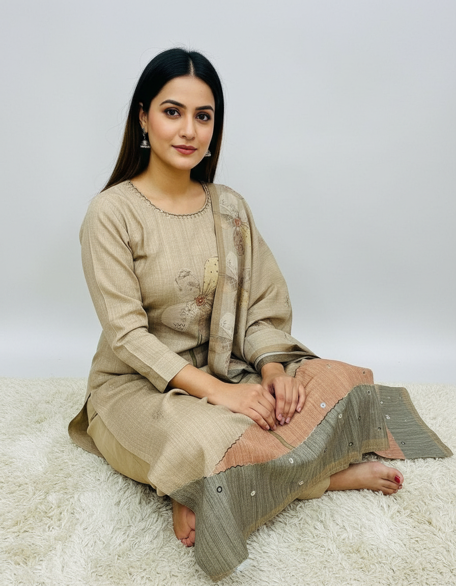 Hand-Embroidered Tussar Silk Suit Set view 7