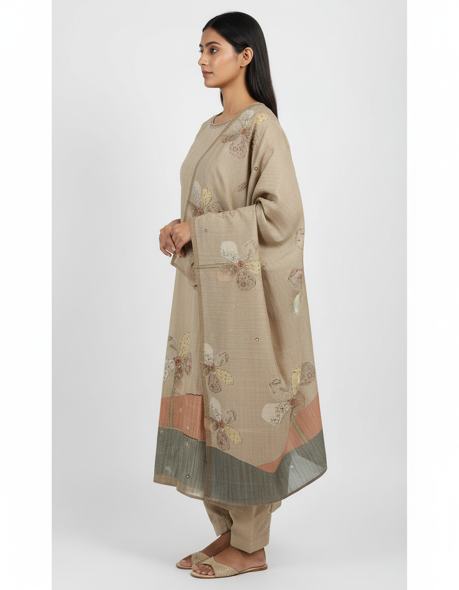 Hand-Embroidered Tussar Silk Suit Set view 2