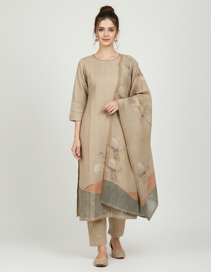 Hand-Embroidered Tussar Silk Suit Set view 5