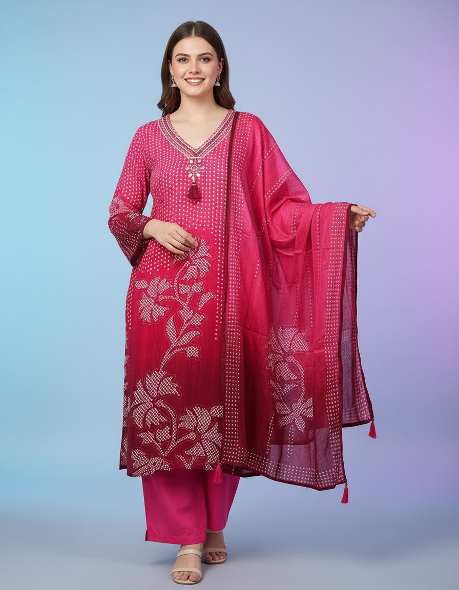 Radiant Fuchsia Ombre Floral Salwar Suit Set with Embroidered V-Neck view 8