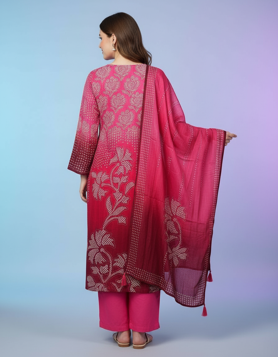 Radiant Fuchsia Ombre Floral Salwar Suit Set with Embroidered V-Neck view 3