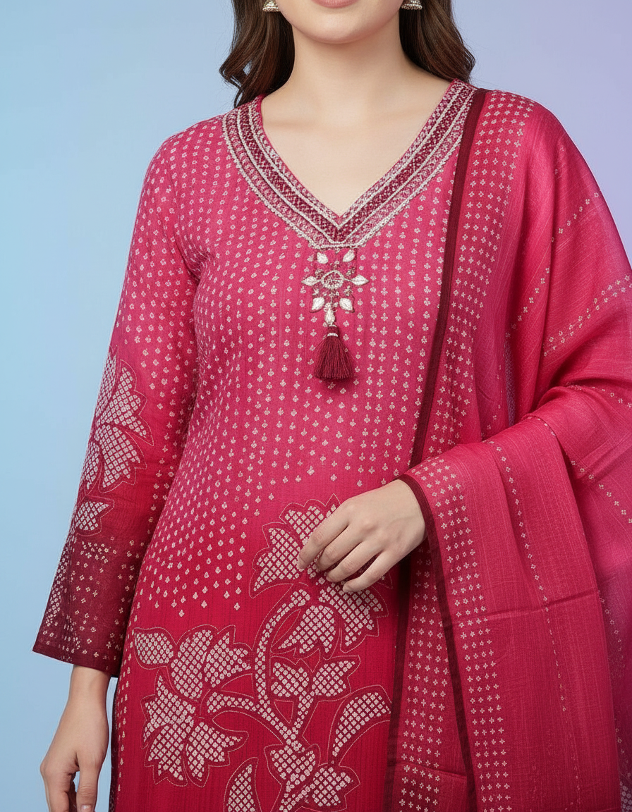 Radiant Fuchsia Ombre Floral Salwar Suit Set with Embroidered V-Neck view 6