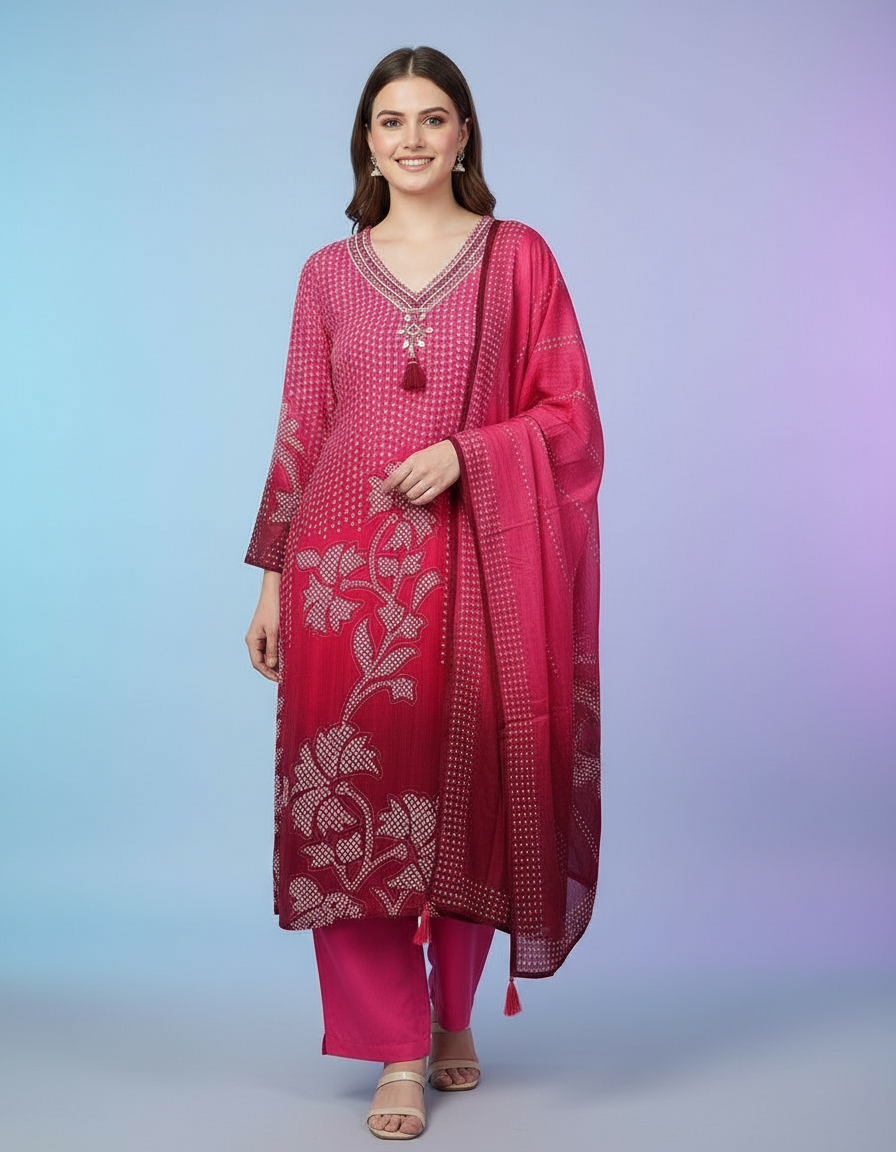 Radiant Fuchsia Ombre Floral Salwar Suit Set with Embroidered V-Neck view 5