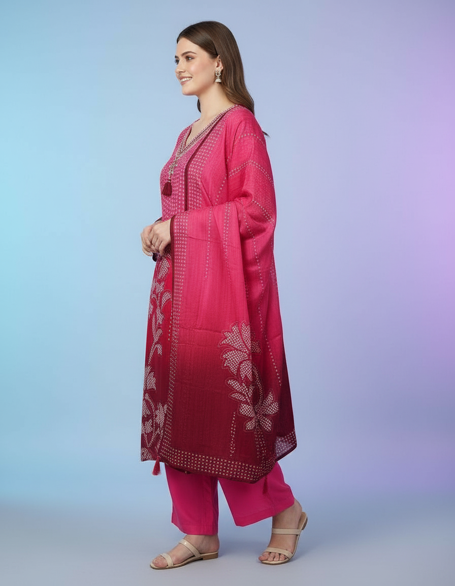 Radiant Fuchsia Ombre Floral Salwar Suit Set with Embroidered V-Neck view 2