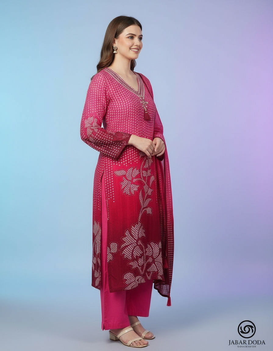 Radiant Fuchsia Ombre Floral Salwar Suit Set with Embroidered V-Neck view 4