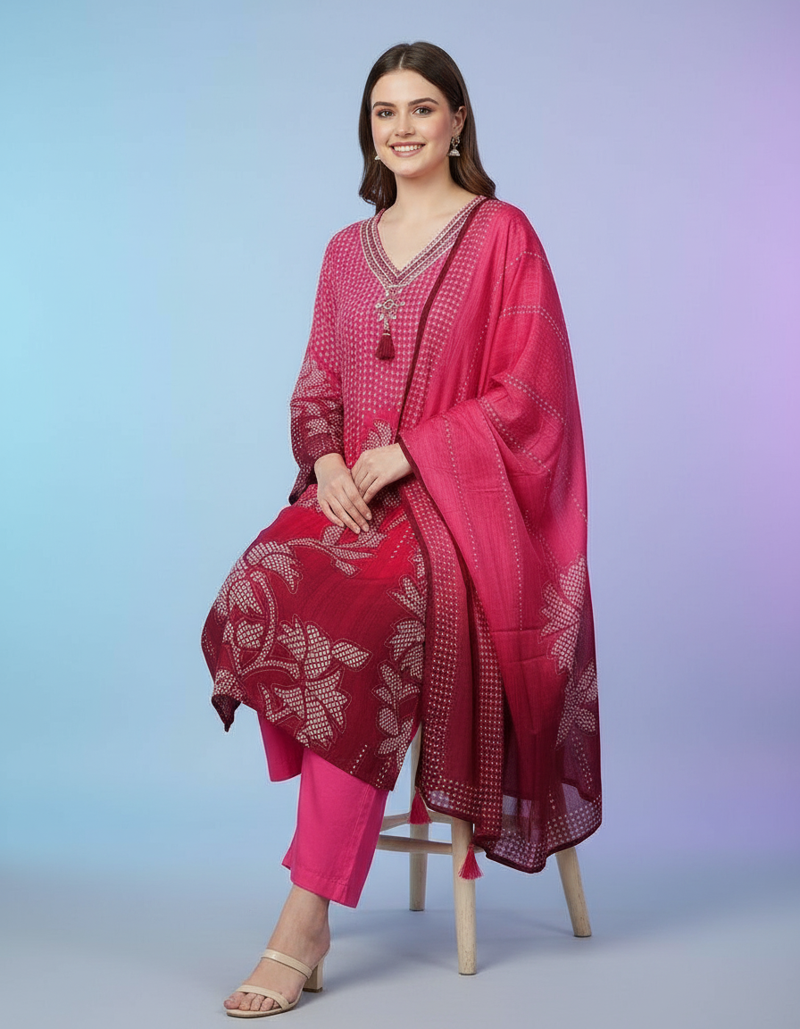 Radiant Fuchsia Ombre Floral Salwar Suit Set with Embroidered V-Neck view 7