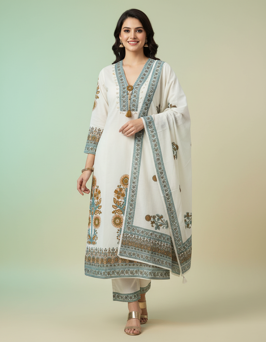 Ivory Elegance Floral Suit Set with Embroidered Neckline & Tassels view 6