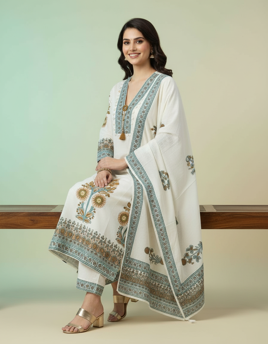 Ivory Elegance Floral Suit Set with Embroidered Neckline & Tassels view 5