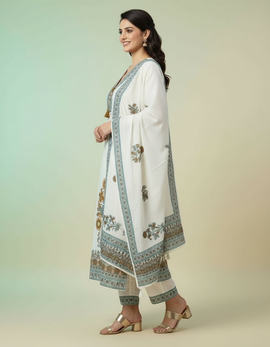 Ivory Elegance Floral Suit Set with Embroidered Neckline & Tassels view 2