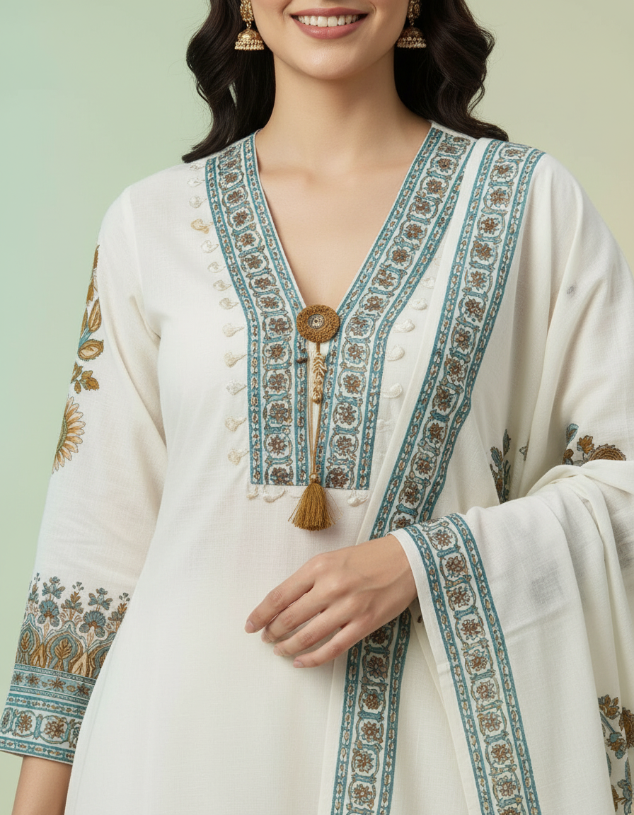 Ivory Elegance Floral Suit Set with Embroidered Neckline & Tassels view 4