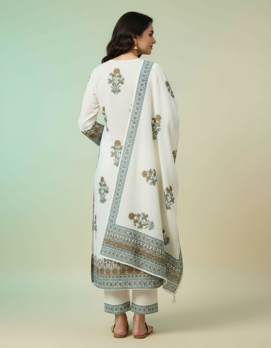 Ivory Elegance Floral Suit Set with Embroidered Neckline & Tassels view 3