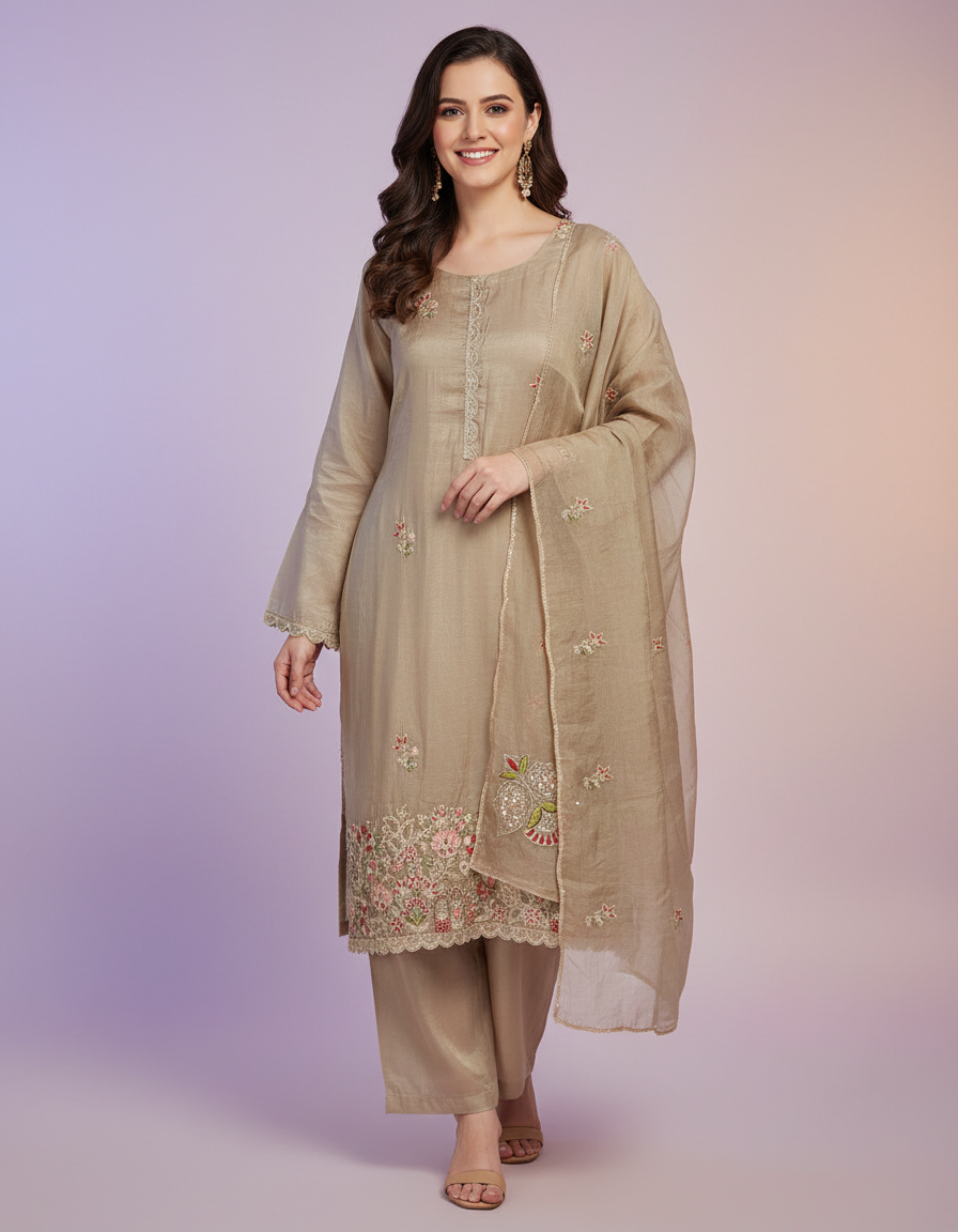 Ethereal Ivory Floral Suit Set with Intricate Teal Borders and Tassel Detail