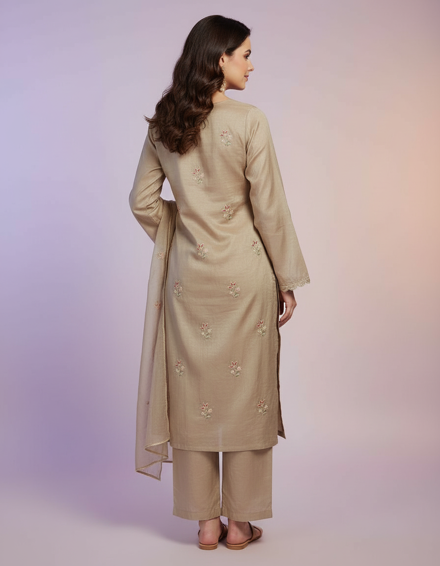 Ethereal Ivory Floral Suit Set with Intricate Teal Borders and Tassel Detail view 3