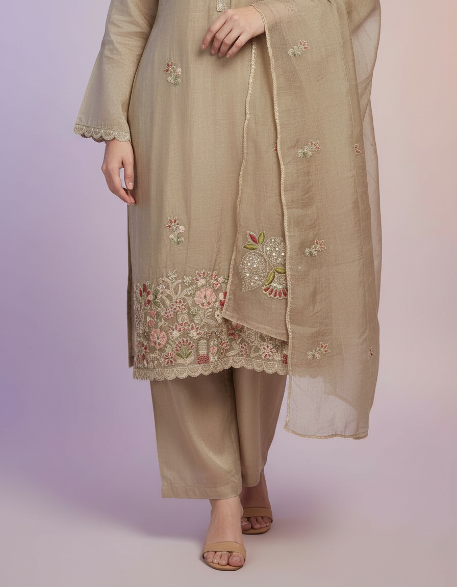 Ethereal Ivory Floral Suit Set with Intricate Teal Borders and Tassel Detail view 5