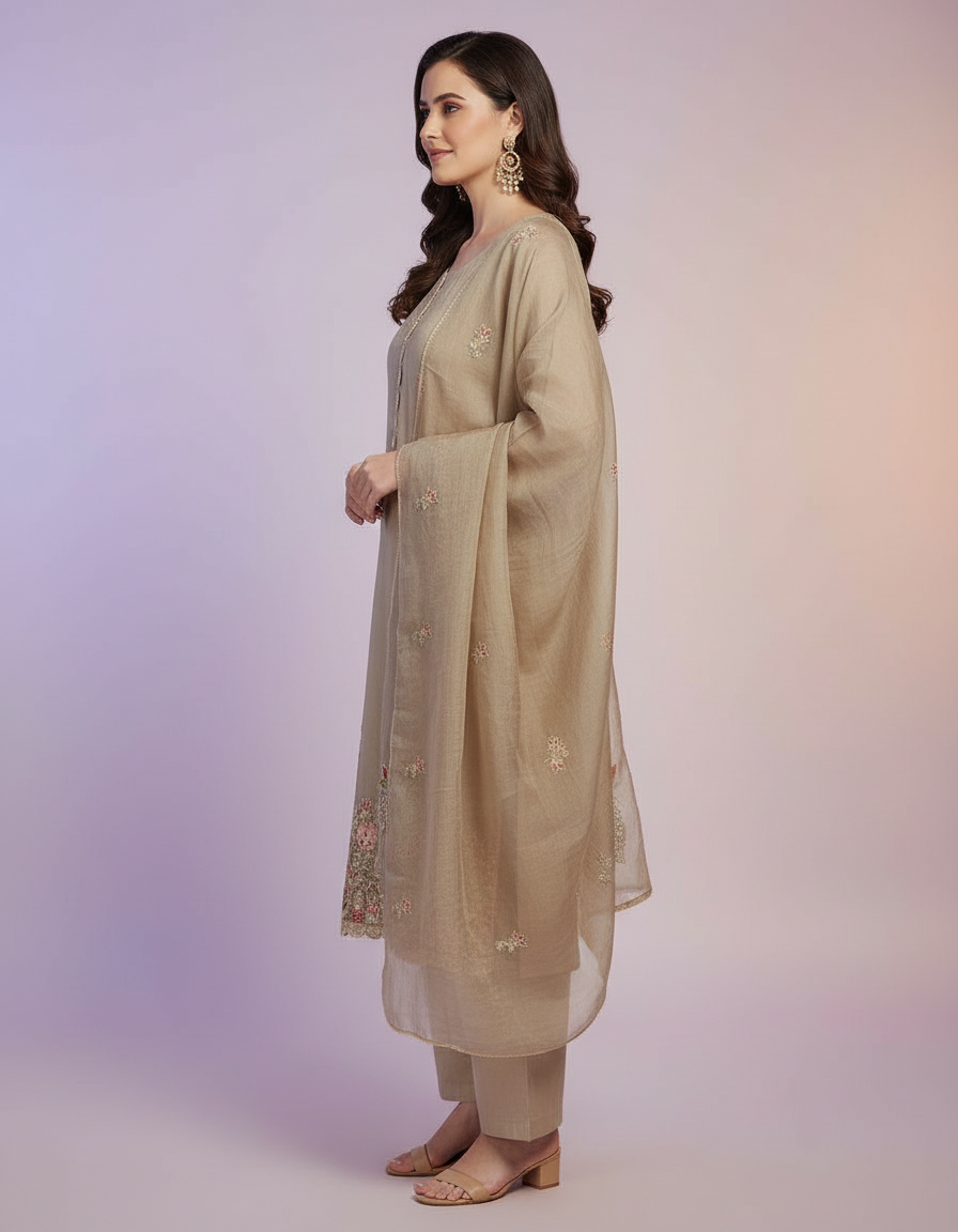Ethereal Ivory Floral Suit Set with Intricate Teal Borders and Tassel Detail view 4