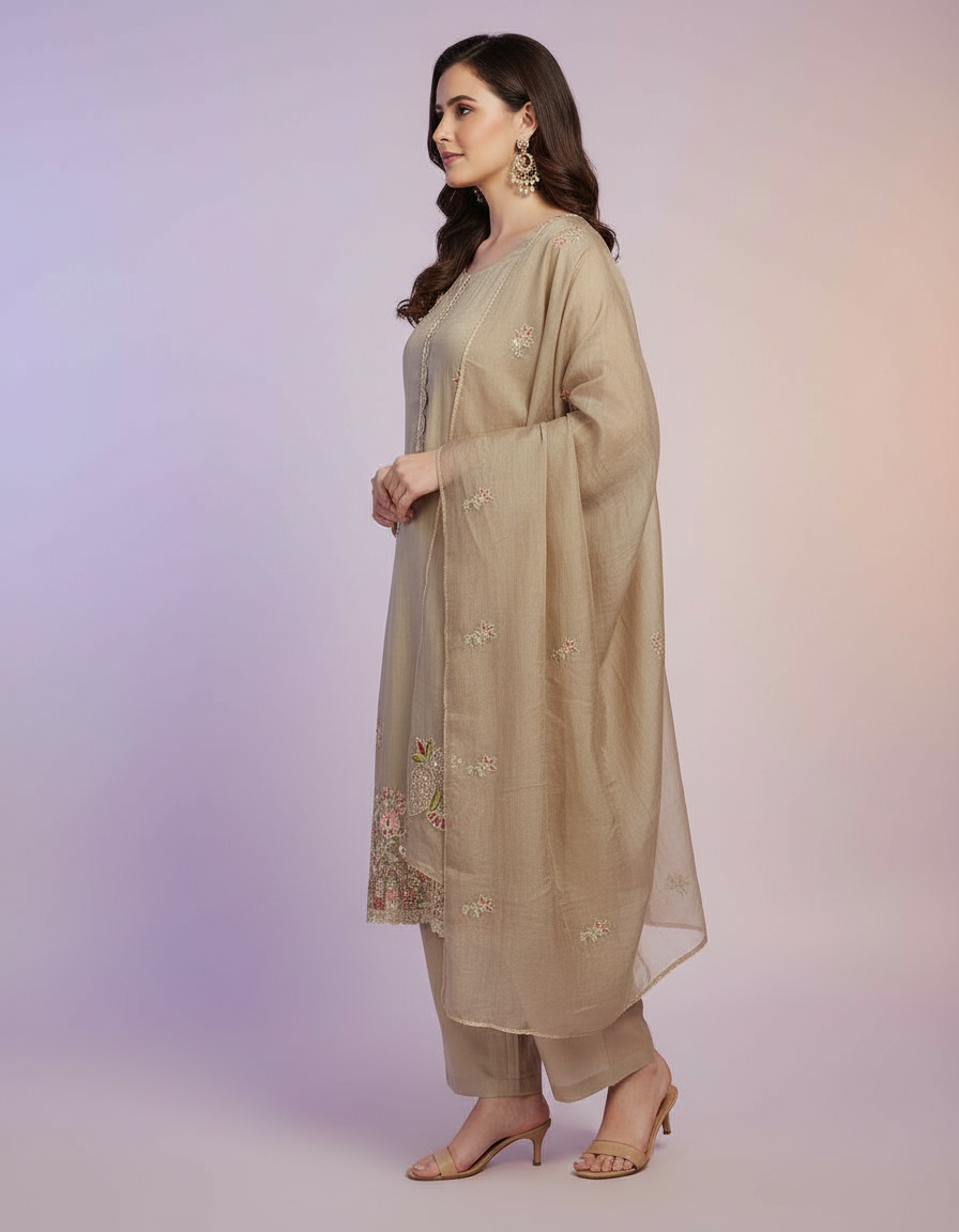Ethereal Ivory Floral Suit Set with Intricate Teal Borders and Tassel Detail view 2
