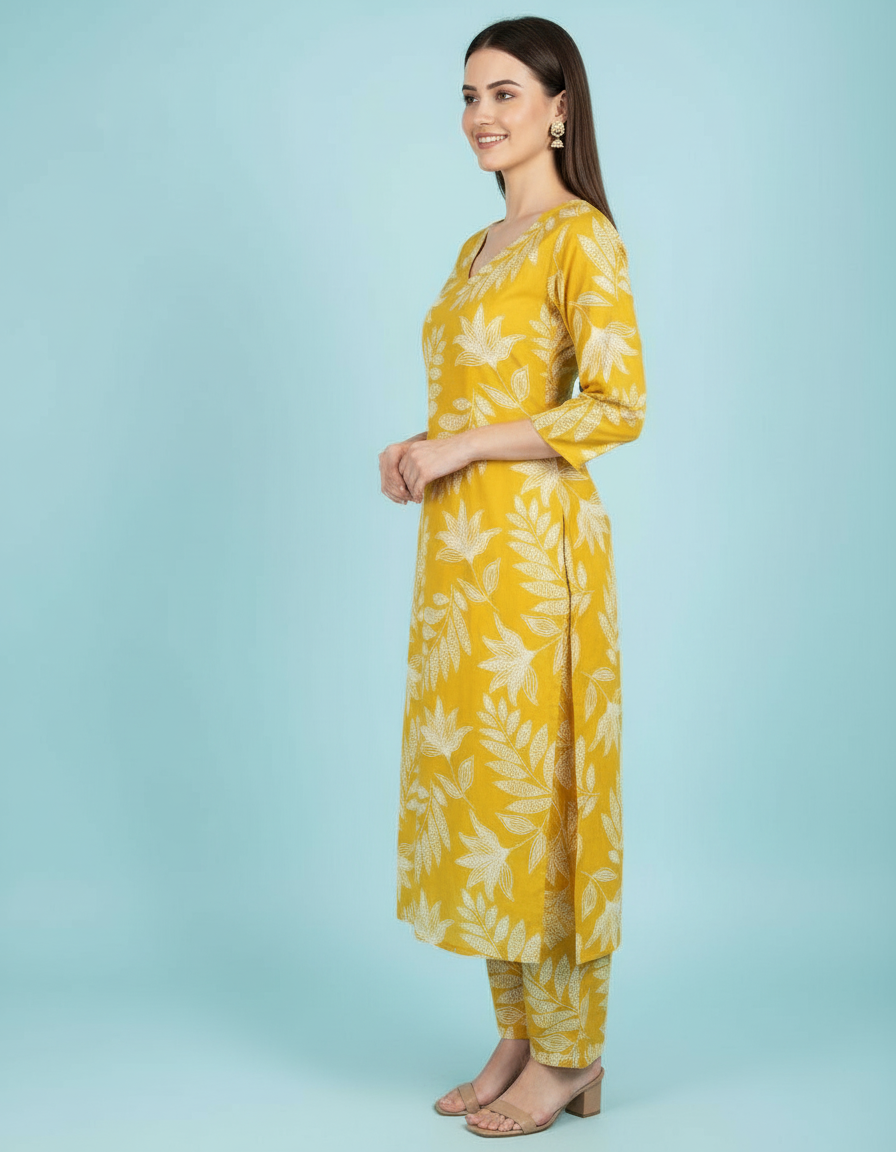 Vibrant Mustard Leaf Print Kurti Set | Chic V-Neck Silhouette view 3