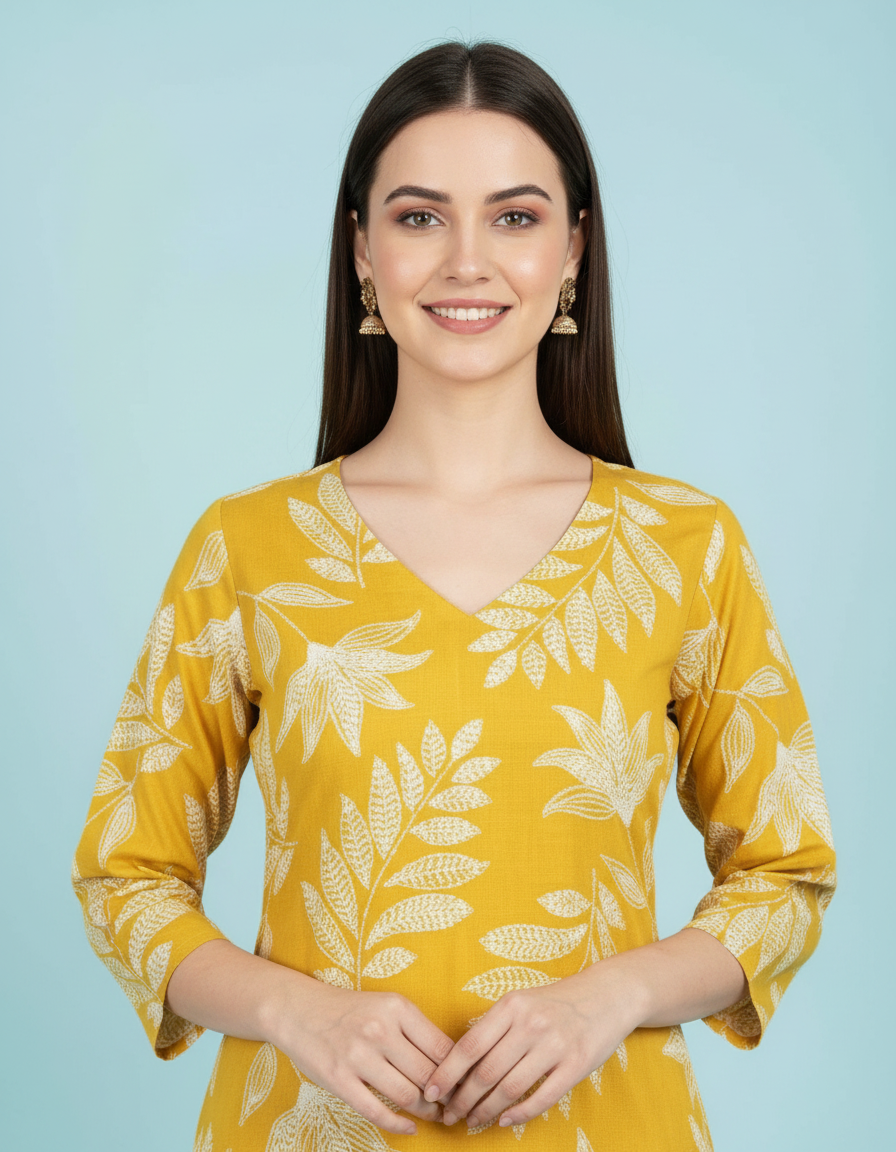 Vibrant Mustard Leaf Print Kurti Set | Chic V-Neck Silhouette view 5