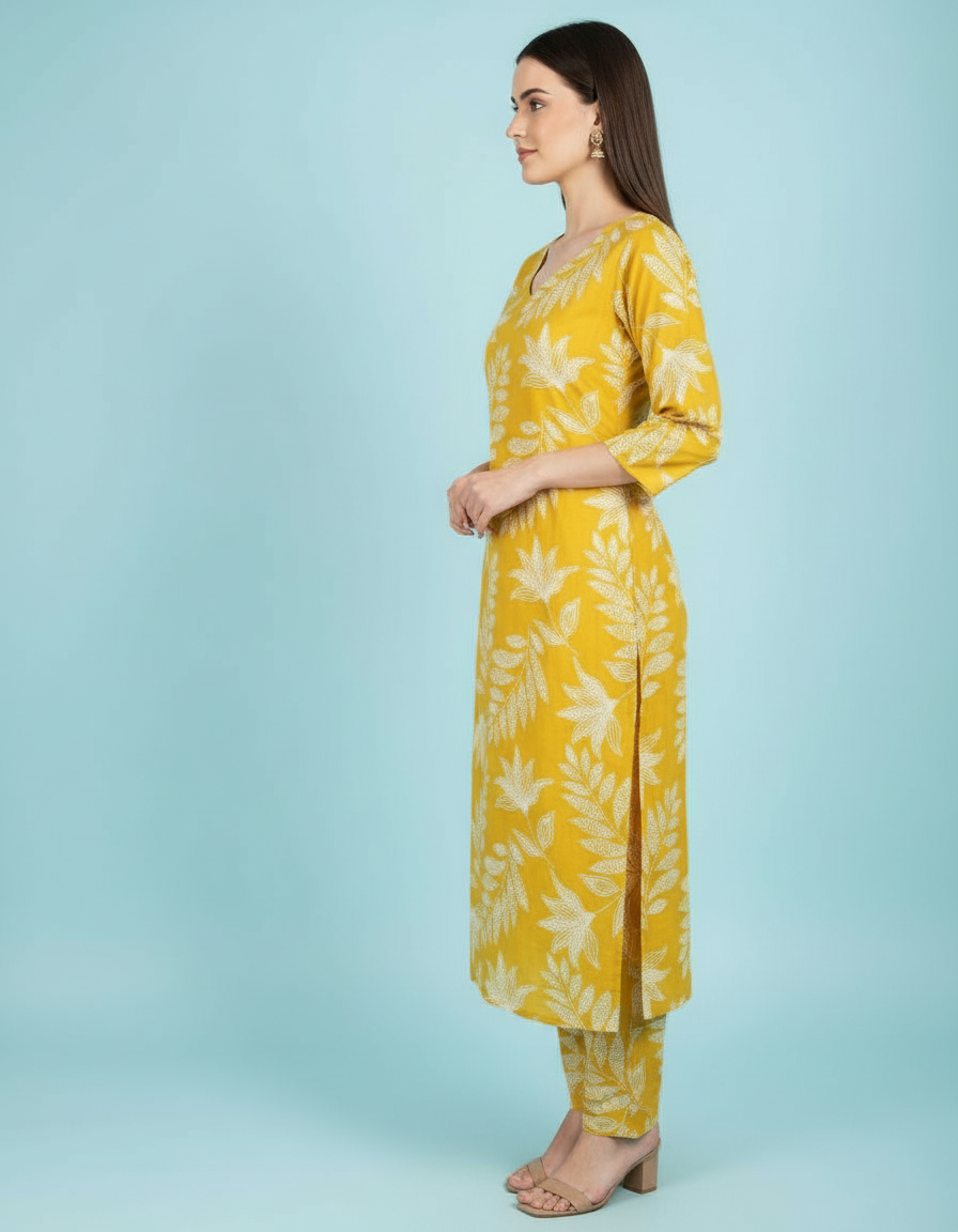 Vibrant Mustard Leaf Print Kurti Set | Chic V-Neck Silhouette view 2