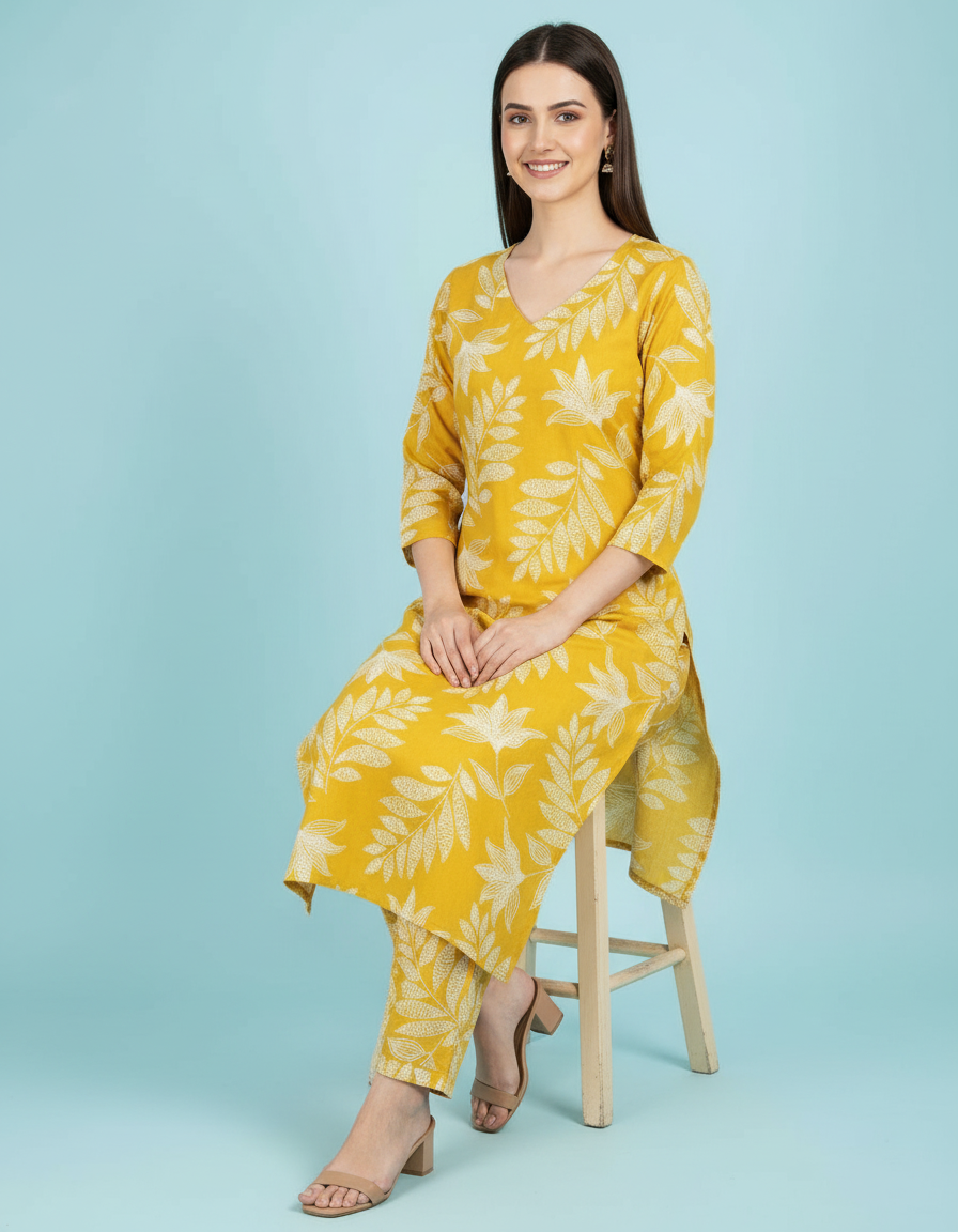 Vibrant Mustard Leaf Print Kurti Set | Chic V-Neck Silhouette view 6