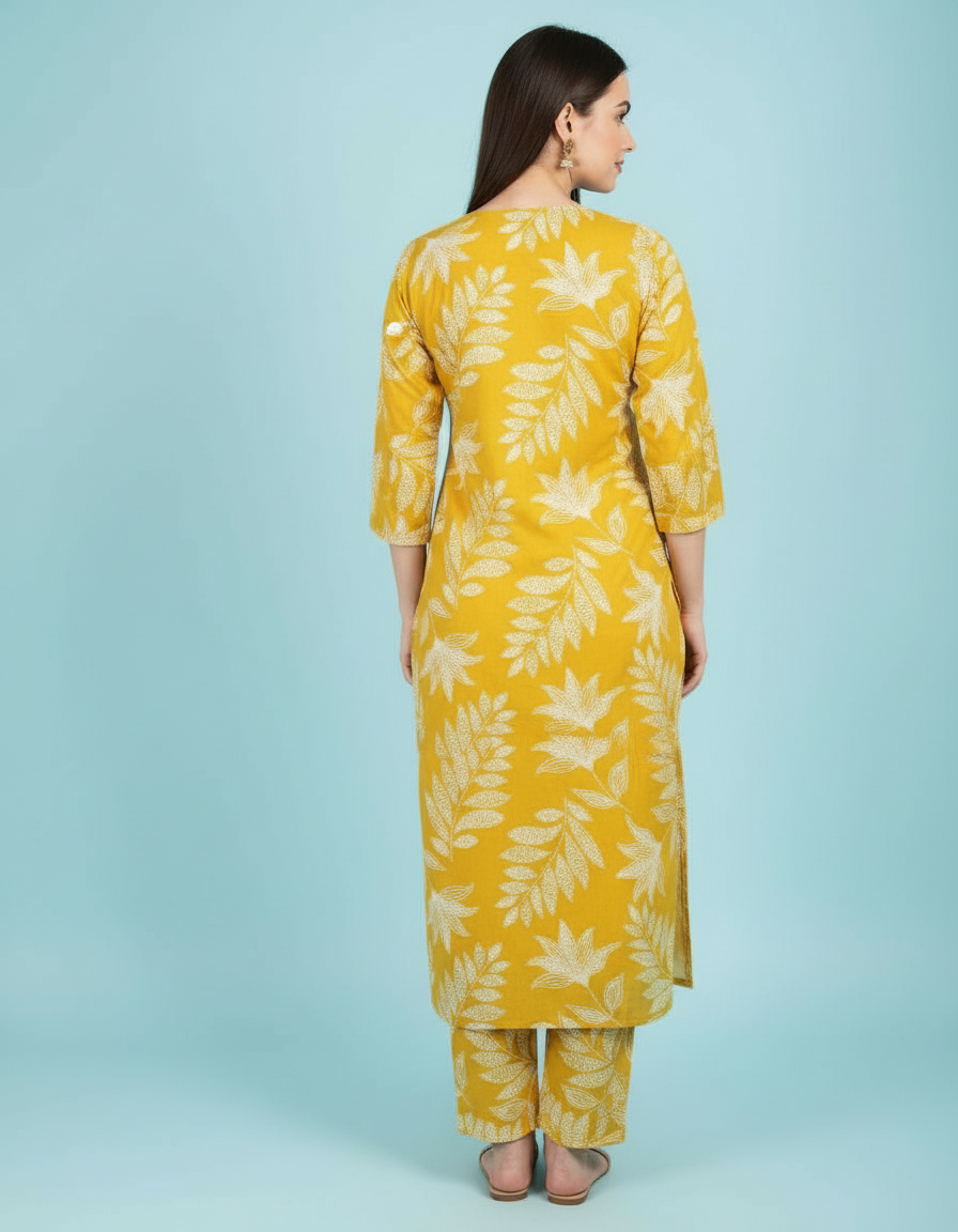 Vibrant Mustard Leaf Print Kurti Set | Chic V-Neck Silhouette view 4