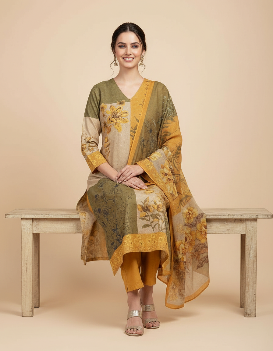 Olive & Ochre Floral Patchwork Suit Set with Ethereal Printed Dupatta view 6