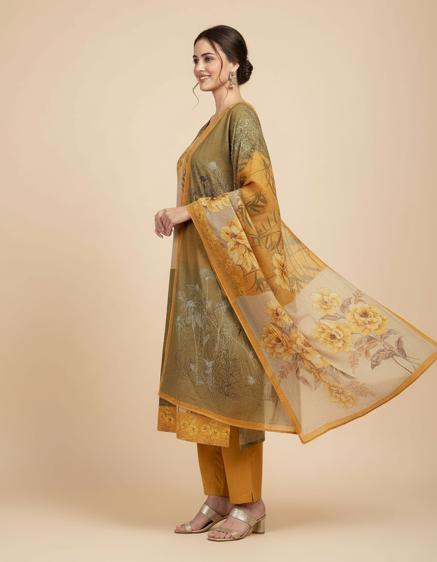 Olive & Ochre Floral Patchwork Suit Set with Ethereal Printed Dupatta view 2
