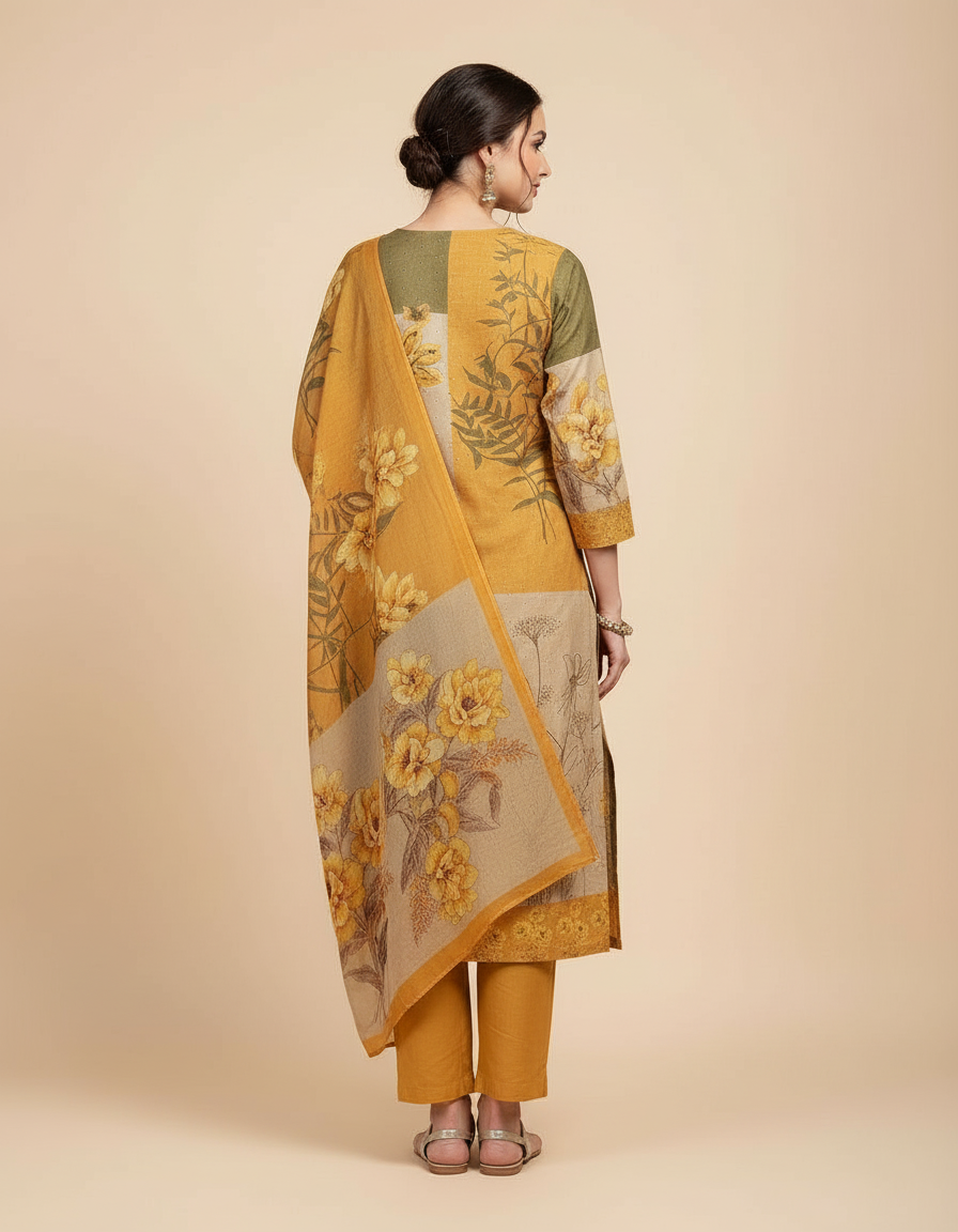 Olive & Ochre Floral Patchwork Suit Set with Ethereal Printed Dupatta view 3