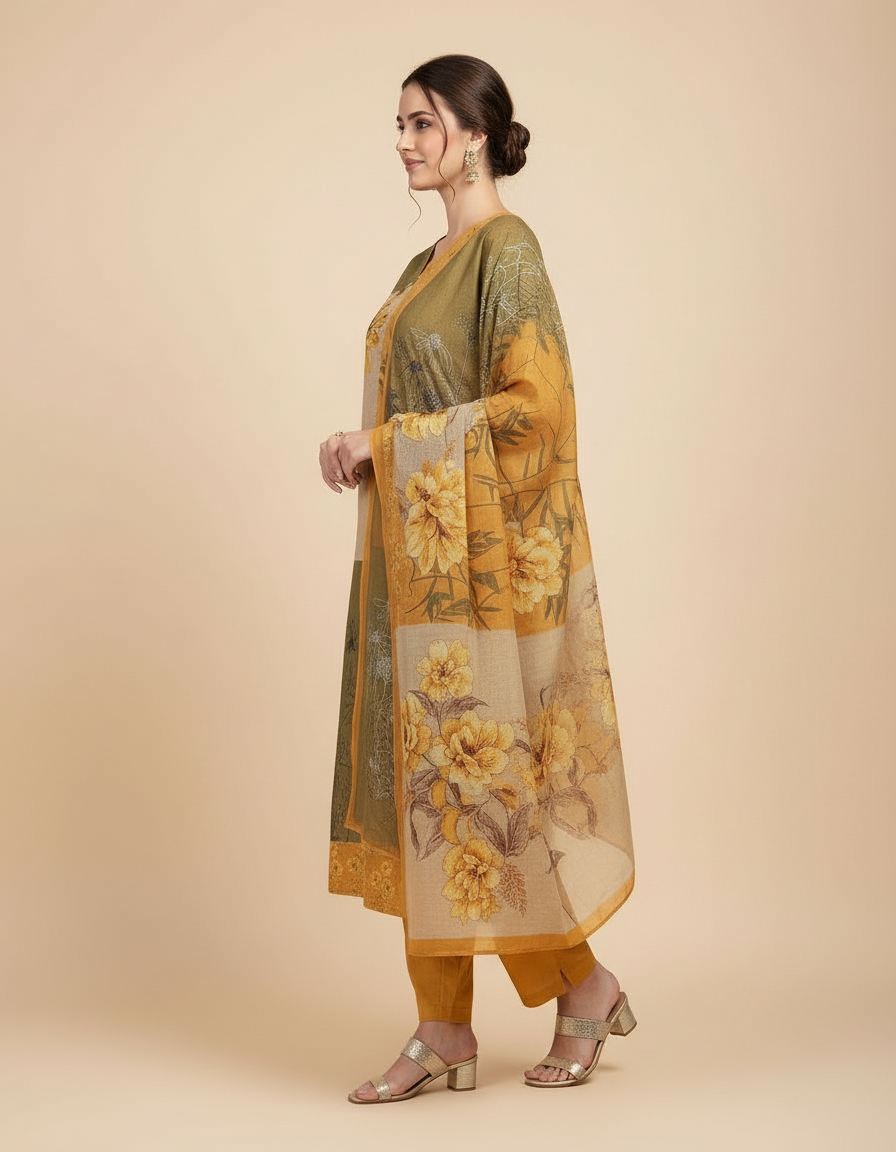 Olive & Ochre Floral Patchwork Suit Set with Ethereal Printed Dupatta view 4