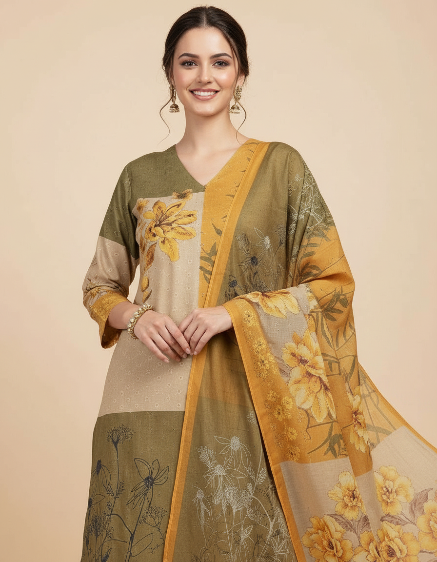 Olive & Ochre Floral Patchwork Suit Set with Ethereal Printed Dupatta view 5