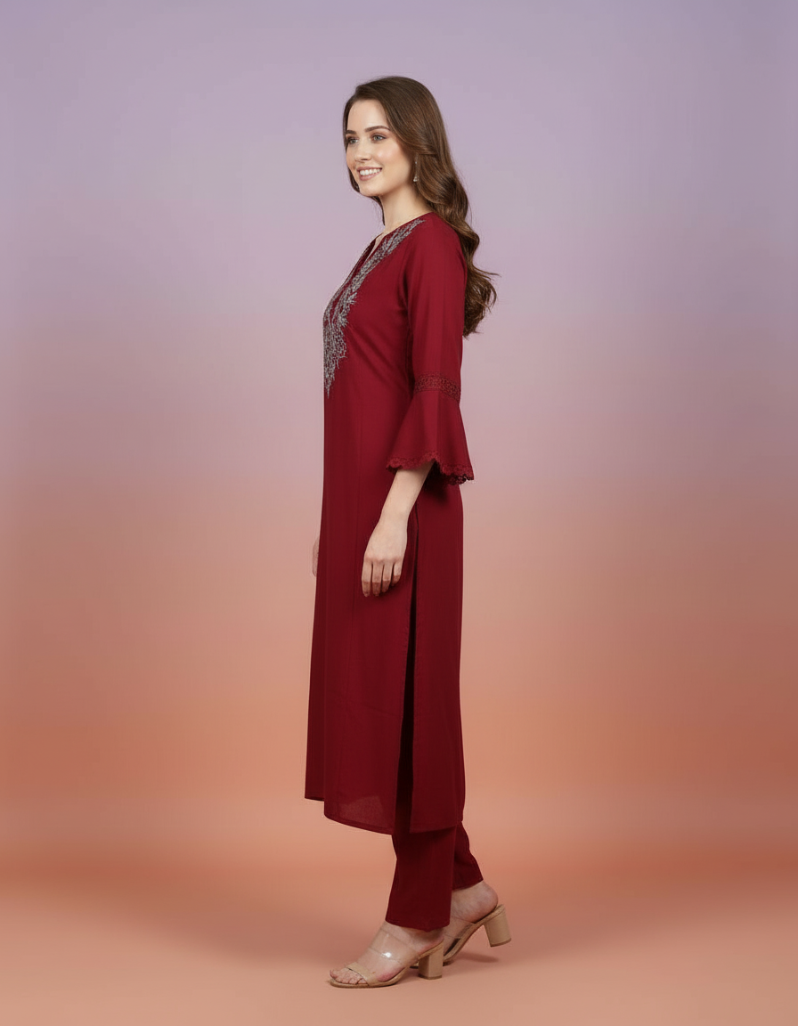 Elegant Burgundy Embroidered Co-ord Set with Statement Bell Sleeves view 4