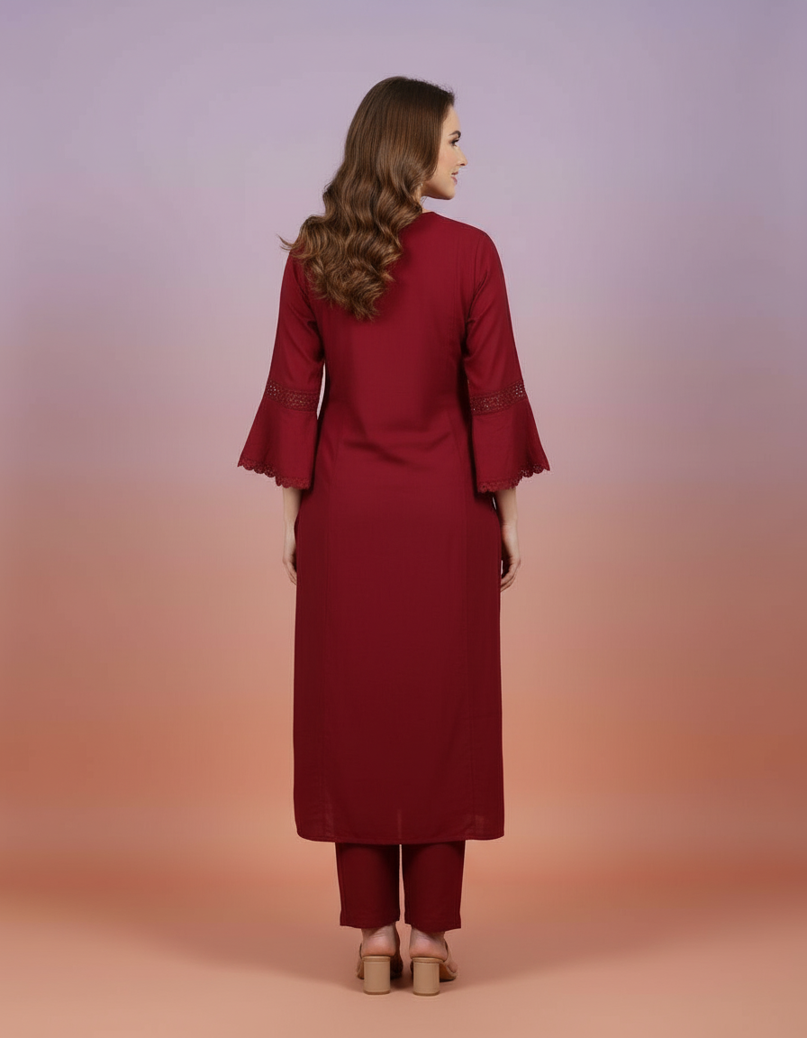 Elegant Burgundy Embroidered Co-ord Set with Statement Bell Sleeves view 3