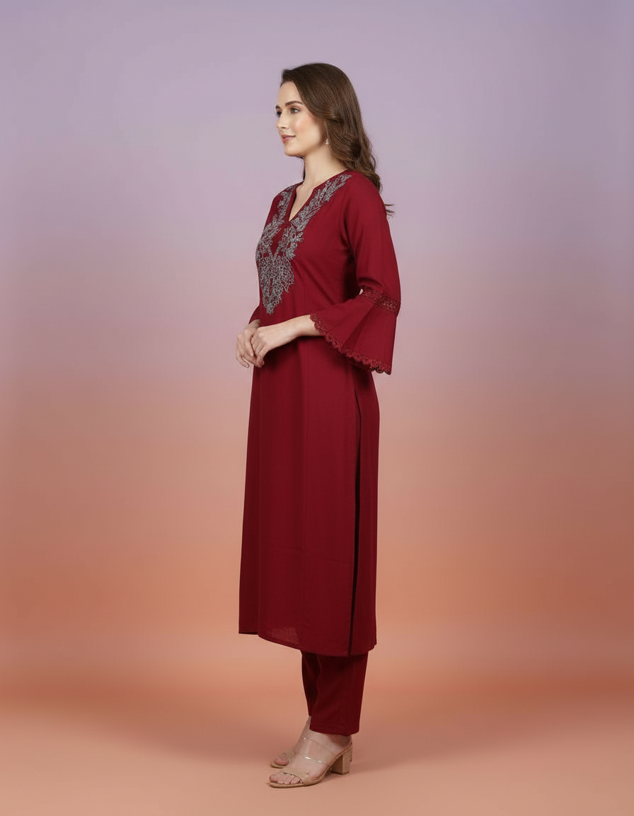 Elegant Burgundy Embroidered Co-ord Set with Statement Bell Sleeves view 2