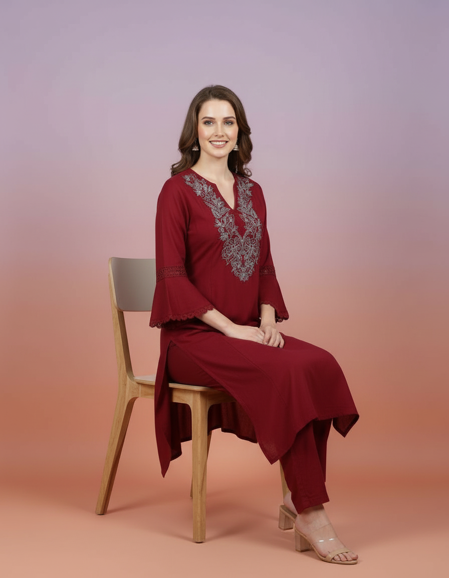 Elegant Burgundy Embroidered Co-ord Set with Statement Bell Sleeves view 6