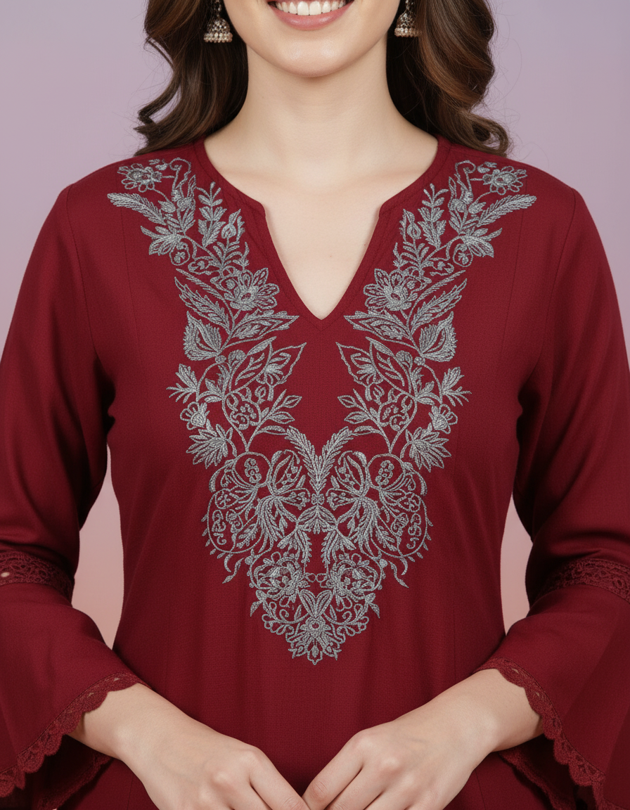 Elegant Burgundy Embroidered Co-ord Set with Statement Bell Sleeves view 5