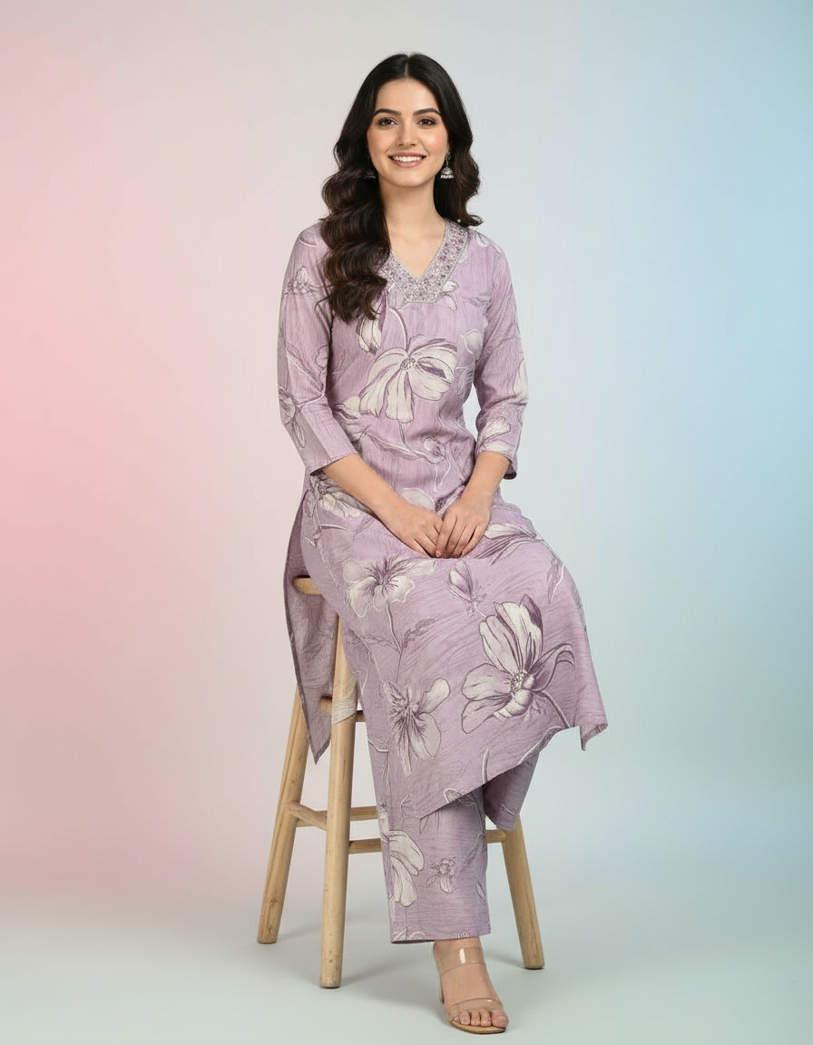 Ethereal Lavender Floral Kurti Set | Graceful V-Neck & Wide-Leg Trousers view 6