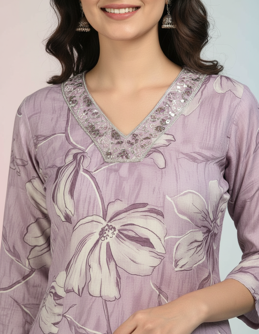Ethereal Lavender Floral Kurti Set | Graceful V-Neck & Wide-Leg Trousers view 2