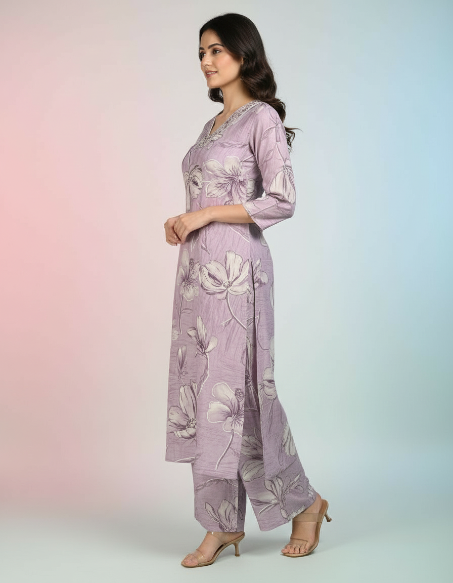 Ethereal Lavender Floral Kurti Set | Graceful V-Neck & Wide-Leg Trousers view 3