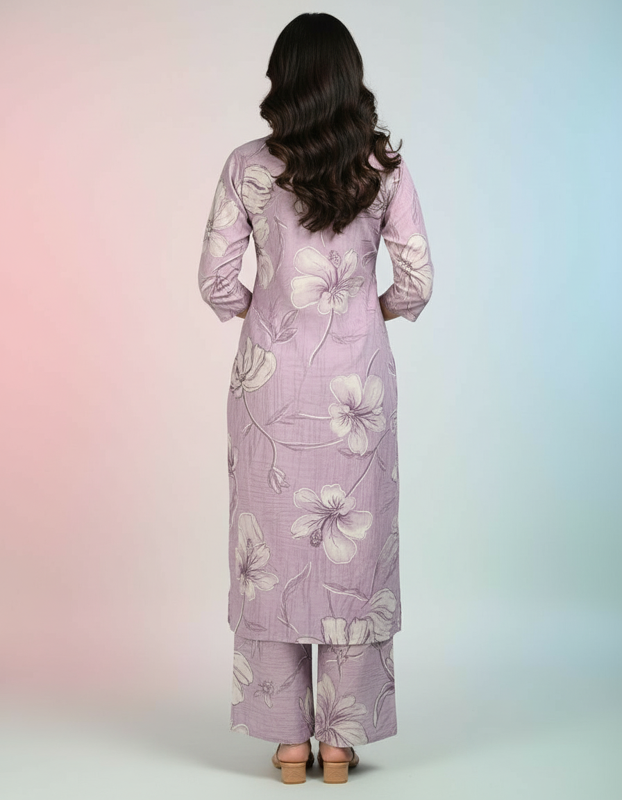 Ethereal Lavender Floral Kurti Set | Graceful V-Neck & Wide-Leg Trousers view 4