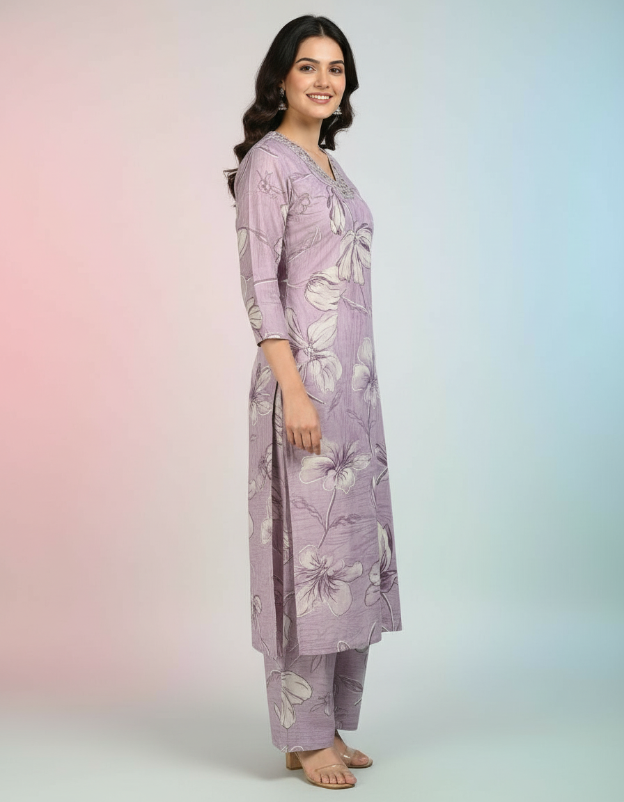 Ethereal Lavender Floral Kurti Set | Graceful V-Neck & Wide-Leg Trousers view 5