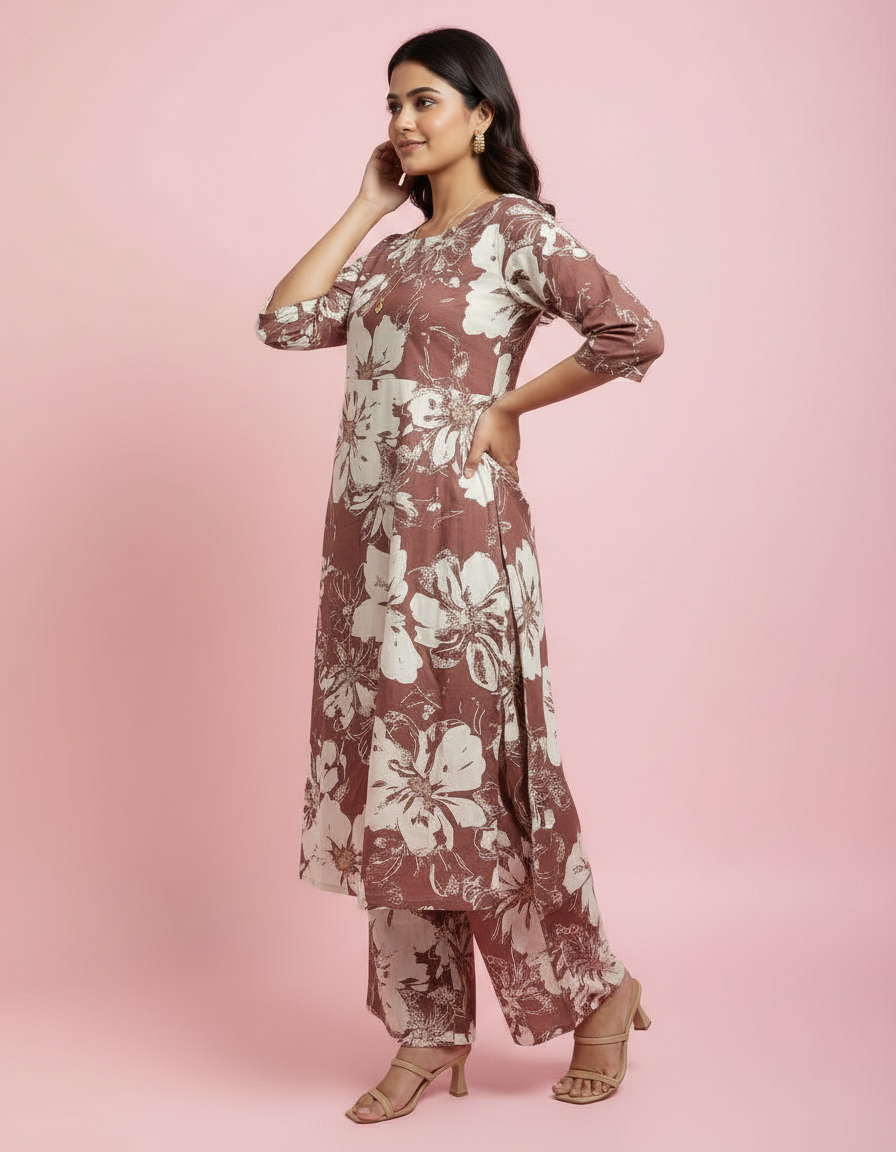 Earthy Chocolate & Cream Floral Co-ord Set | Relaxed Tunic & Wide-Leg Trouser Duo view 5