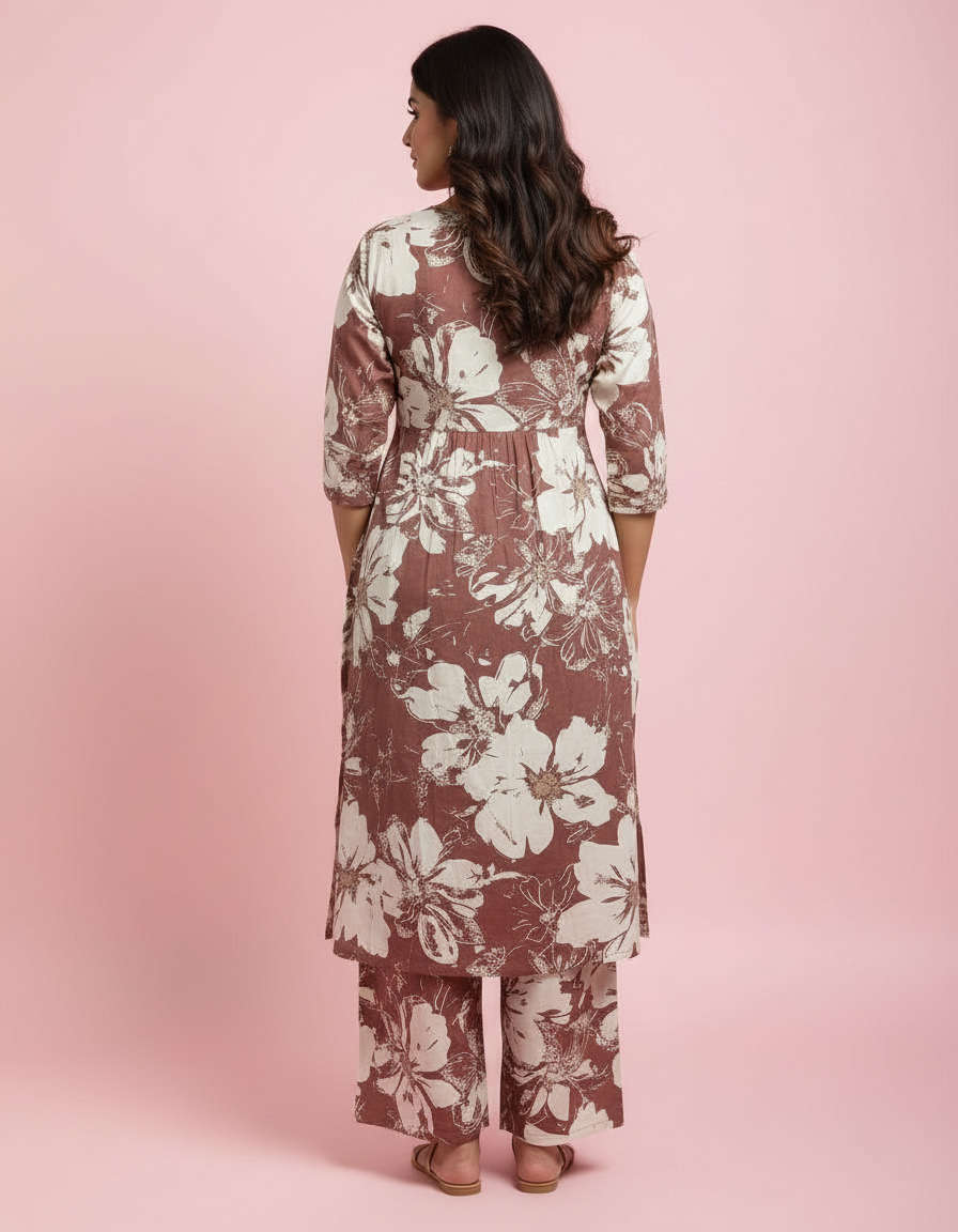 Earthy Chocolate & Cream Floral Co-ord Set | Relaxed Tunic & Wide-Leg Trouser Duo view 2
