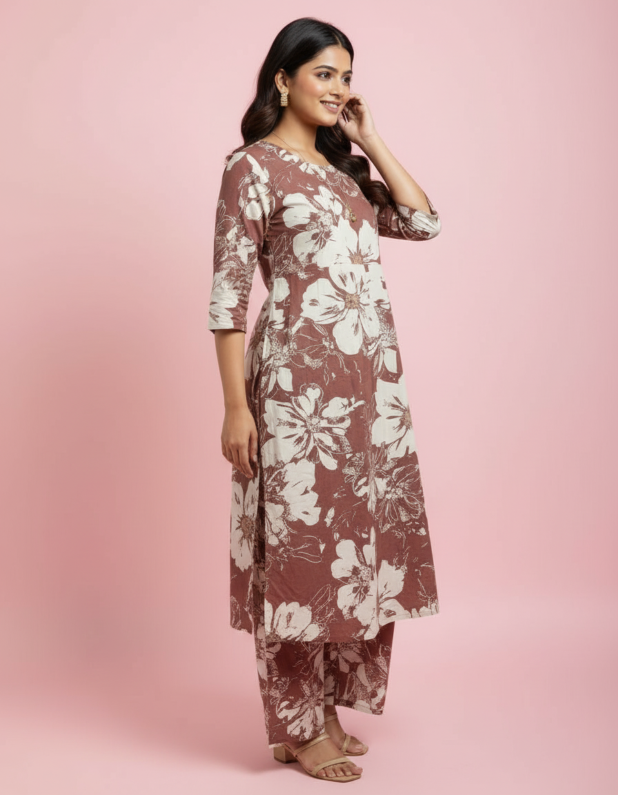 Earthy Chocolate & Cream Floral Co-ord Set | Relaxed Tunic & Wide-Leg Trouser Duo view 3