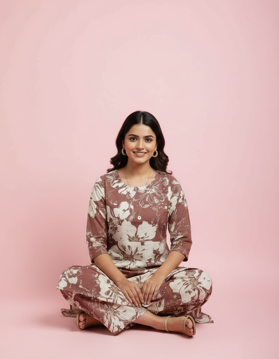 Earthy Chocolate & Cream Floral Co-ord Set | Relaxed Tunic & Wide-Leg Trouser Duo view 6