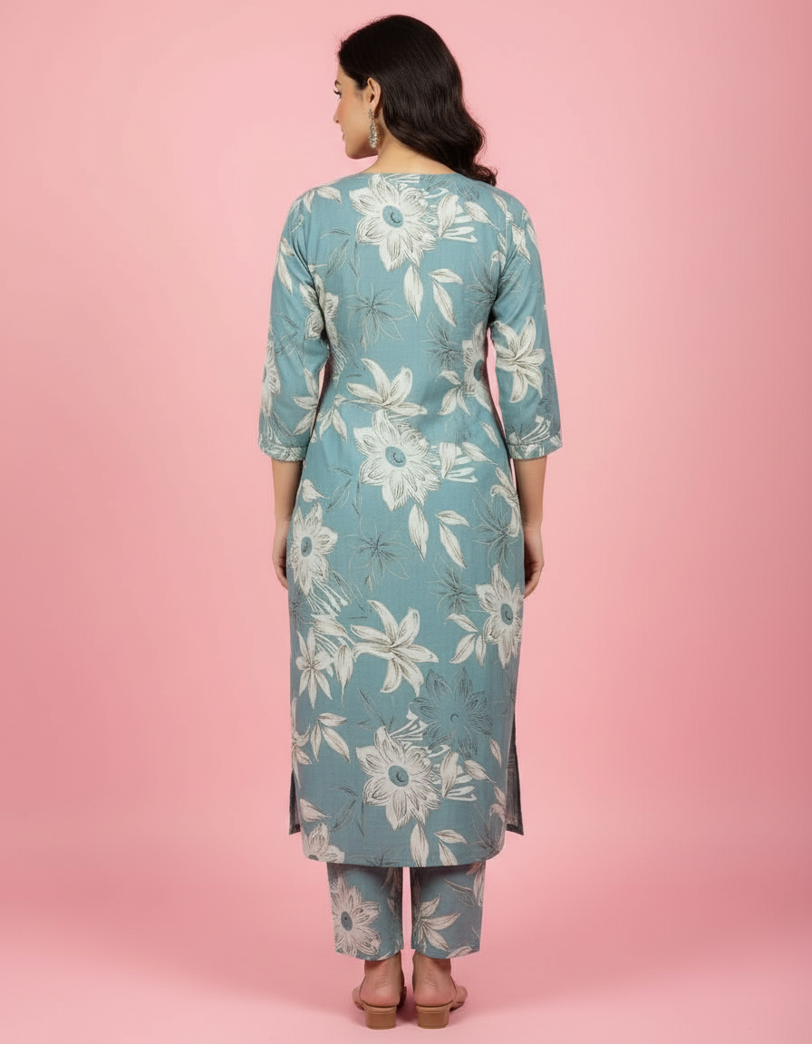 Elegant Teal Floral Kurti Set | Embroidered V-Neck with Tailored Trousers view 4