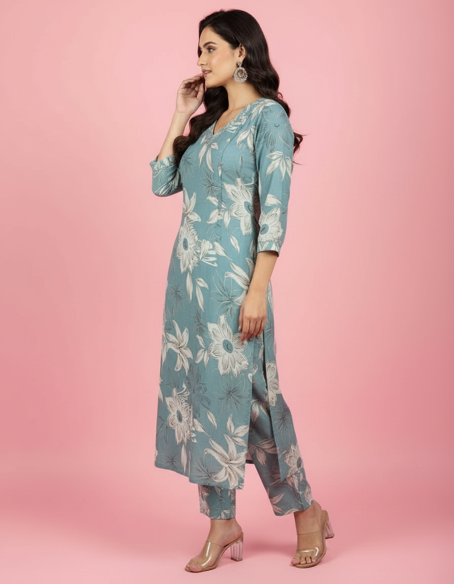 Elegant Teal Floral Kurti Set | Embroidered V-Neck with Tailored Trousers view 2