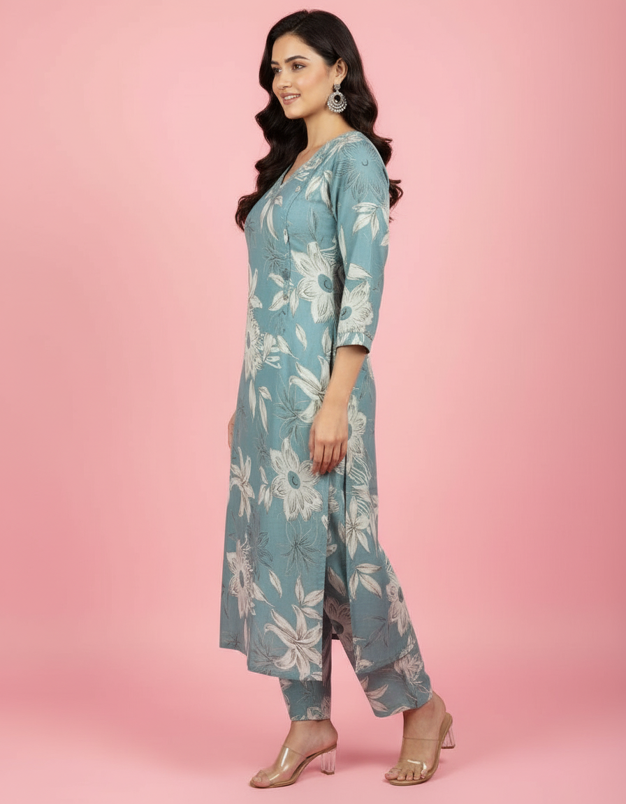 Elegant Teal Floral Kurti Set | Embroidered V-Neck with Tailored Trousers view 5