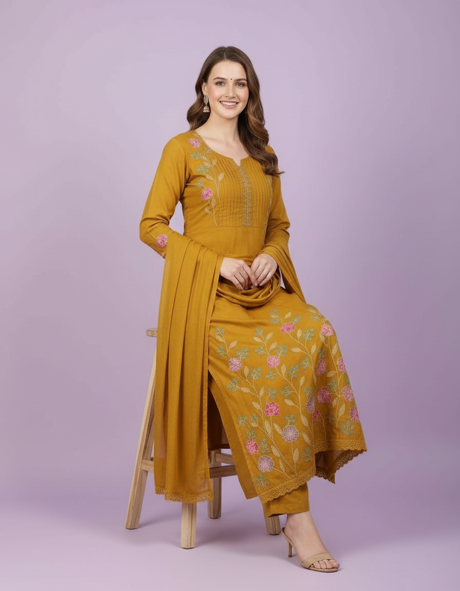 Radiant Mustard Anarkali Suit with Pastel Floral Embroidery & Scalloped Lace view 6